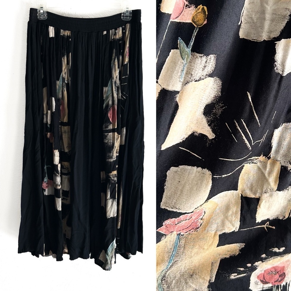 Vintage Abstract Floral Midi Skirt Whimsigoth Witchy Autumn Vibes Sz 10 Black